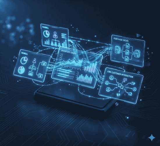 AI-powered Cloud ERP software dashboard with inventory, finance, HR and CRM modules — Winzone Softech India